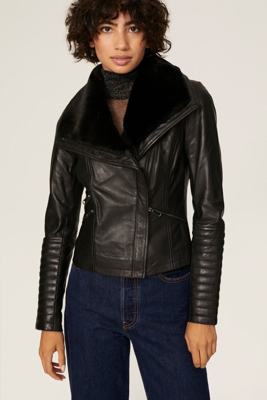SLATE & WILLOW Black 100% Lambskin Leather Faux Fur Lapel Leather Jacket sz L